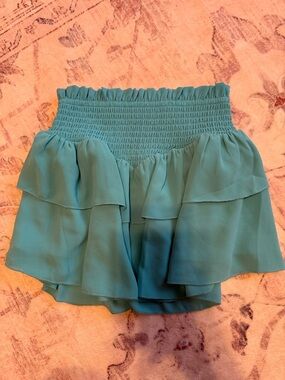 Katie J NYC Teal Tiered Ruffle Smocked Mini Skirt